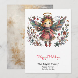 Whimsical Angel Illustration Happy Red Holiday Card