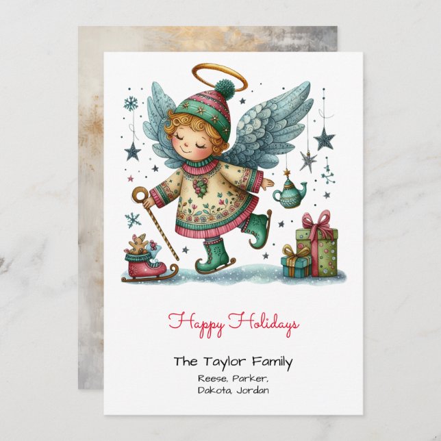Whimsical Angel on Ice Skates Illustration Happy  Holiday Card (Front/Back)