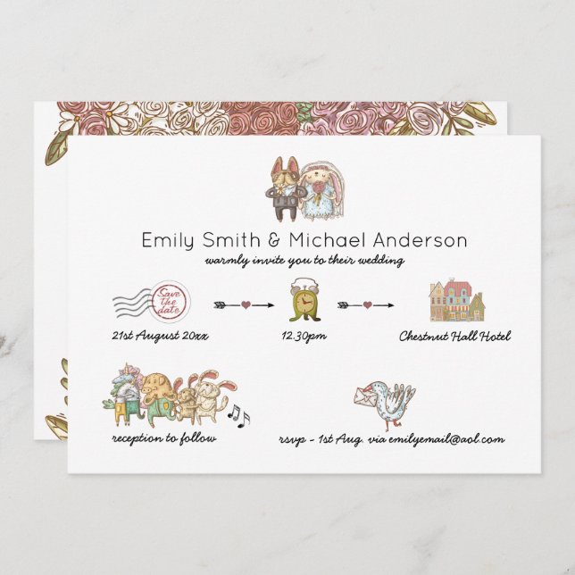 Whimsical Animal Timeline Wedding Invitations (Front/Back)