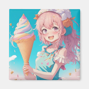 Whimsical Anime Girl with Ice Cream Cone Magnet