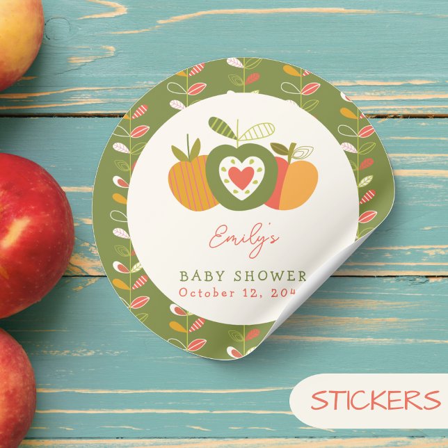 Whimsical Apple Theme Fall Baby Shower Green Classic Round Sticker (Creator Uploaded)