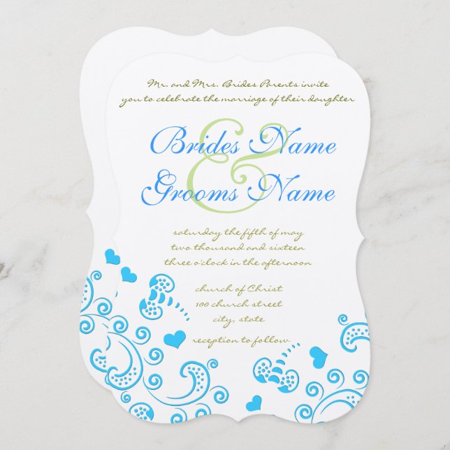 Whimsical Aqua Bumble Bee Swirl Wedding Invite (Front/Back)