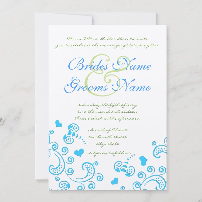 Whimsical Aqua Bumble Bee Swirl Wedding Invite (Front)