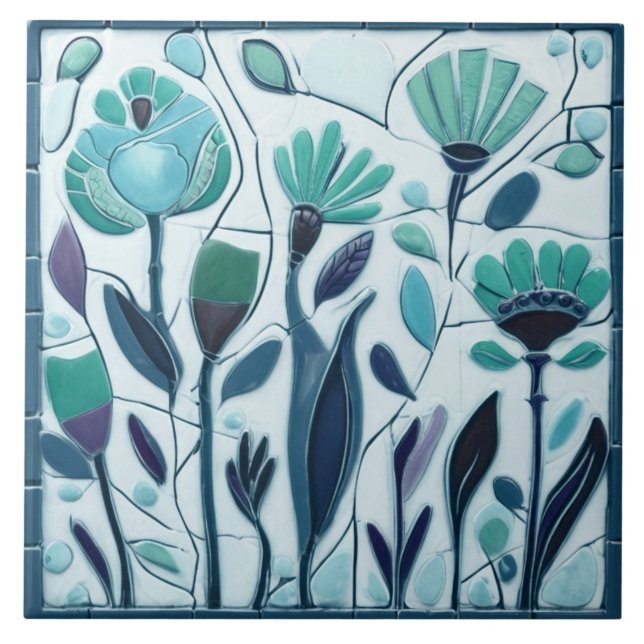Whimsical Aqua Turquoise Floral Flowers Tile (Front)