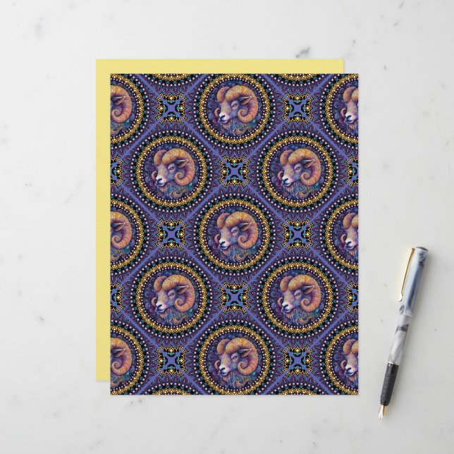 Whimsical Aries Astrology Mandala Geometric Tile (Front/Back In Situ)