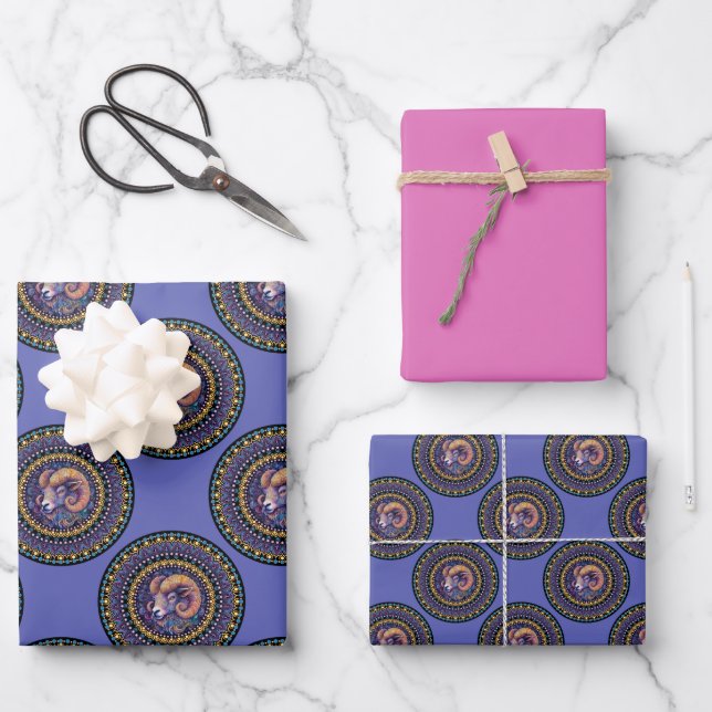 Whimsical Aries Zodiac Sign Polka Dot Mandala Wrapping Paper Sheet (Front)