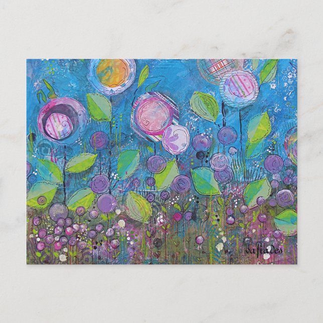 Whimsical art, bright flowers in beautiful garden. postcard (Front)