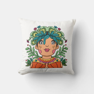 Whimsical Art Girl with Floral Crown Cushion
