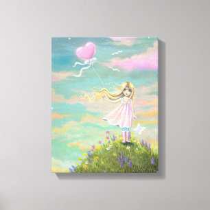 Whimsical Art Little Girl with Heart Balloon Canvas Print