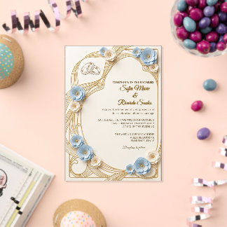 Whimsical Art Nouveau Blue Gold Acrylic Wedding Invitations