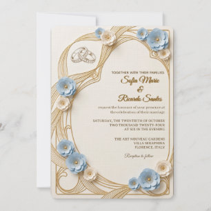 Whimsical Art Nouveau Pastel Blue & Gold Wedding I Invitation