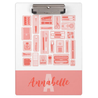 Whimsical Art Supplies Coral Red Pattern Monogram Clipboard