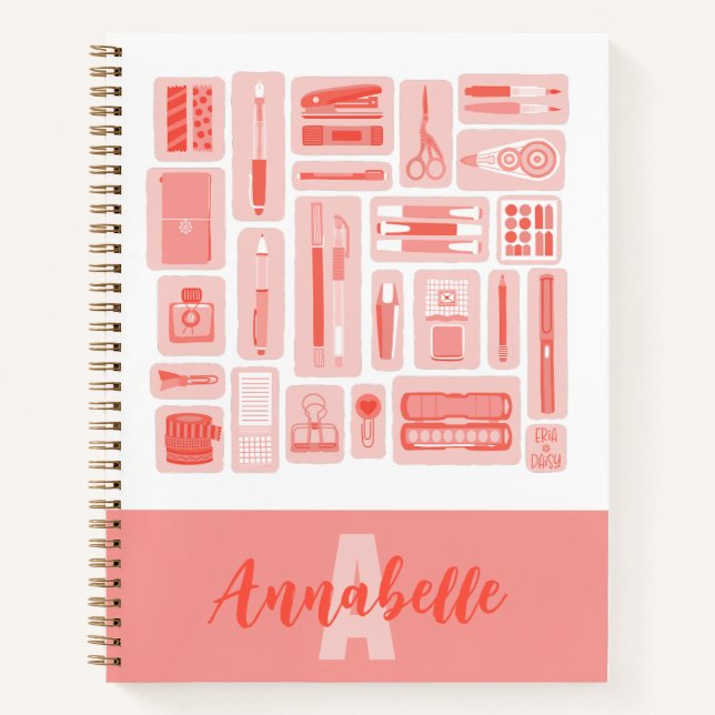 Whimsical Art Supplies Coral Red Pattern Monogram Notebook (Front)