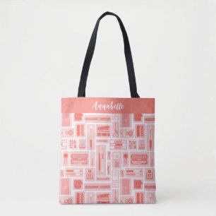 Whimsical Art Supplies Pattern Coral Red Tote Bag