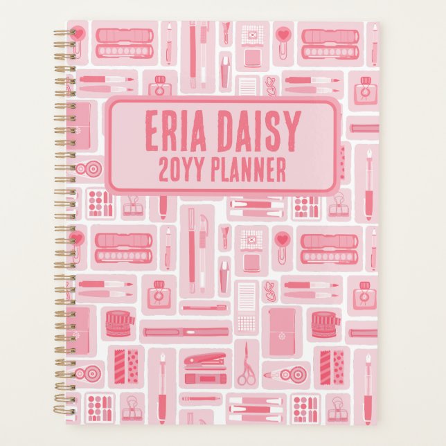 Whimsical Art Supplies Pattern Pink Planner (Front)