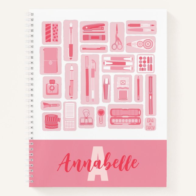 Whimsical Art Supplies Pink Pattern Monogram Notebook (Front)