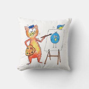Whimsical Artist Cat Painting a Bird Cushion