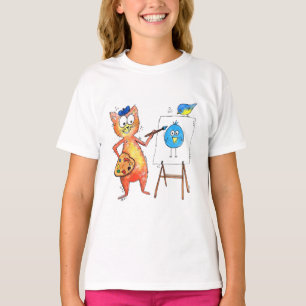 Whimsical Artist Cat Painting a Bird T-Shirt