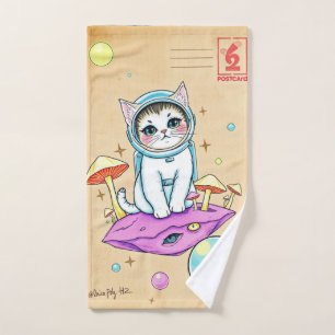 Whimsical Astro Cat Retro Hand Towel