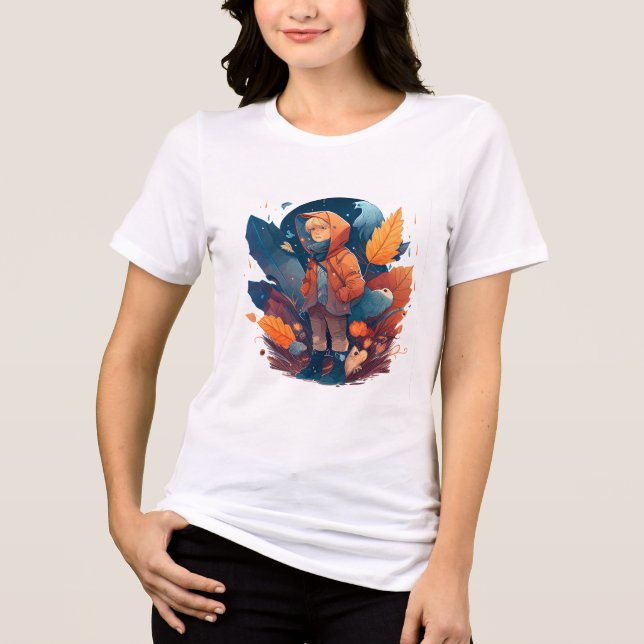 Whimsical Autumn Boy in Forest Fantasy Graphic  Tri-Blend Shirt (Front)