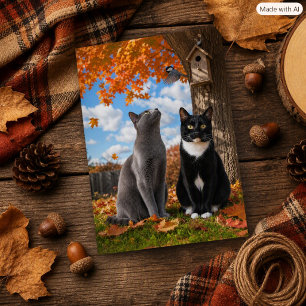 Whimsical Autumn Cats & Chickadee Cat Lover Postcard