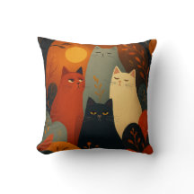Whimsical Autumn Cats Mid Century Art
