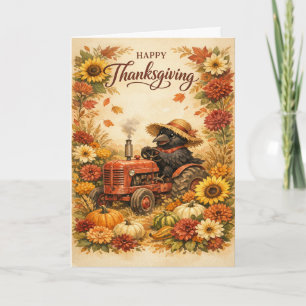 Whimsical Autumn Crow Tractor Thanksgiving Card
