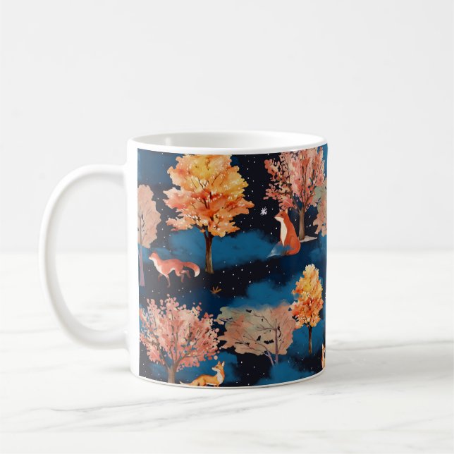 Whimsical Autumn Fox Night Forest Seamless Pattern Coffee Mug (Left)