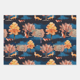 Whimsical Autumn Fox Night Forest Seamless Pattern Wrapping Paper Sheet