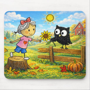 Whimsical Autumn Girl and Owl Mouse Pad