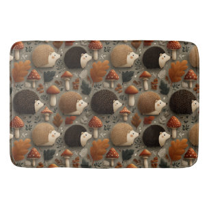 Whimsical Autumn Hedgehog & Mushroom Pattern Bath Mat