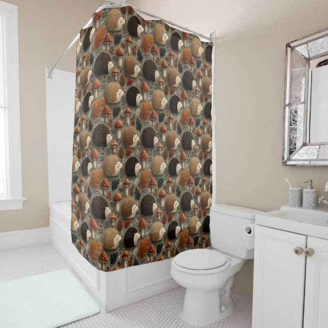 Whimsical Autumn Hedgehog & Mushroom Pattern Shower Curtain (In Situ)