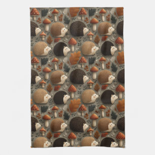 Whimsical Autumn Hedgehog & Mushroom Pattern Tea Towel