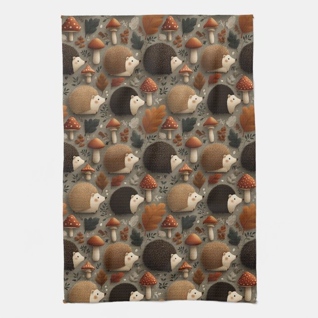Whimsical Autumn Hedgehog & Mushroom Pattern Tea Towel (Vertical)