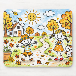 Whimsical Autumn Kids and Owl Mouse Pad