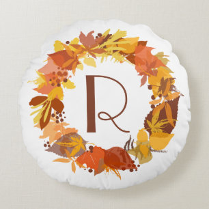 Whimsical Autumn Leaves Wreath Monogram Pillow