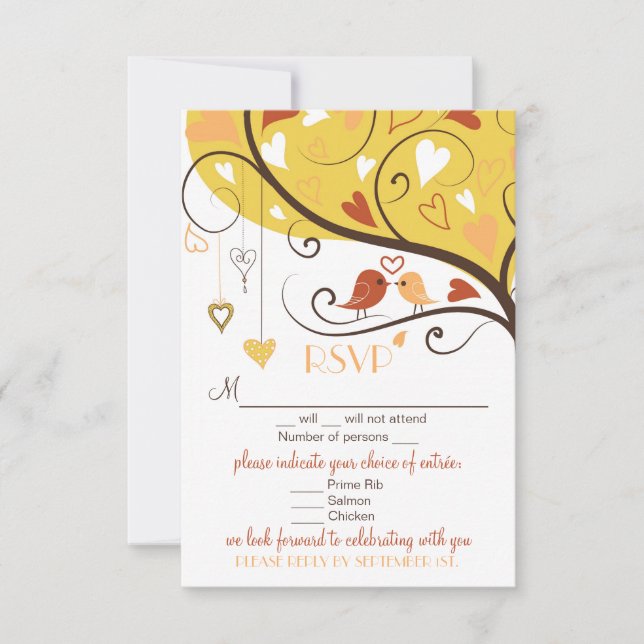 Whimsical Autumn Lovebirds Wedding RSVP Card (Front)