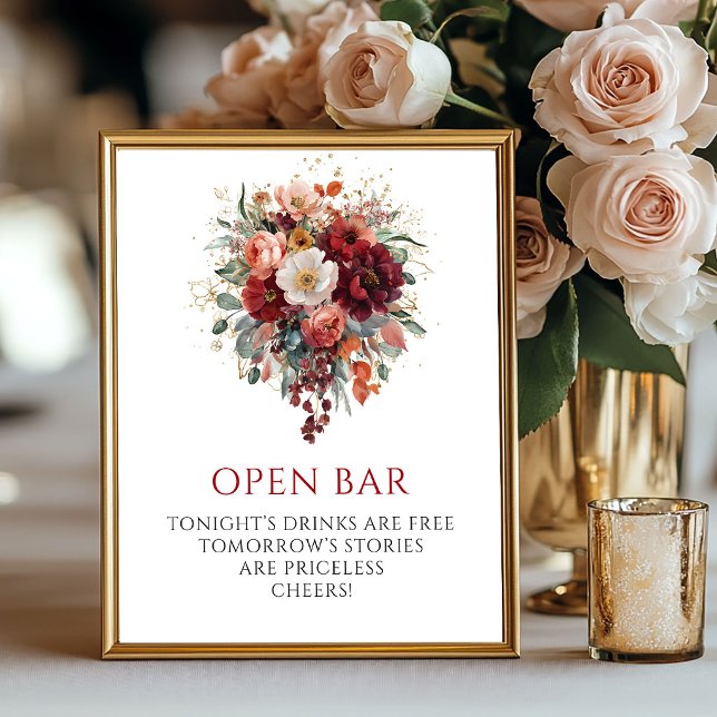 Whimsical Autumn Maroon Flowers Open Bar Sign (Whimsical Autumn Maroon Flowers Open Bar Sign

)