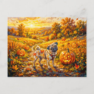 Whimsical Autumn Pumpkin Path Mops Illustration Postcard