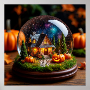 Whimsical Autumn Village Dome Cottage Pumpkins Poster