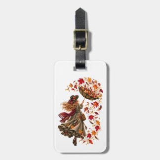 Whimsical Autumn Woman with Upside-Down Umbrella Luggage Tag