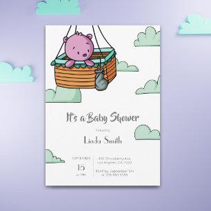 Whimsical Baby Bear in Ballon Basket Baby Shower Invitation