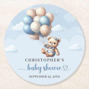 Whimsical baby bear with blue and ivory balloons round paper coaster
