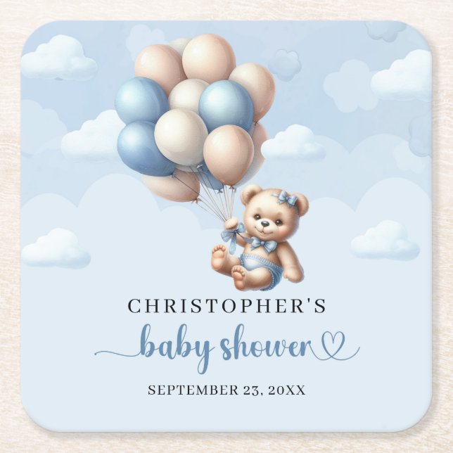 Whimsical baby bear with blue and ivory balloons  square paper coaster (Front)