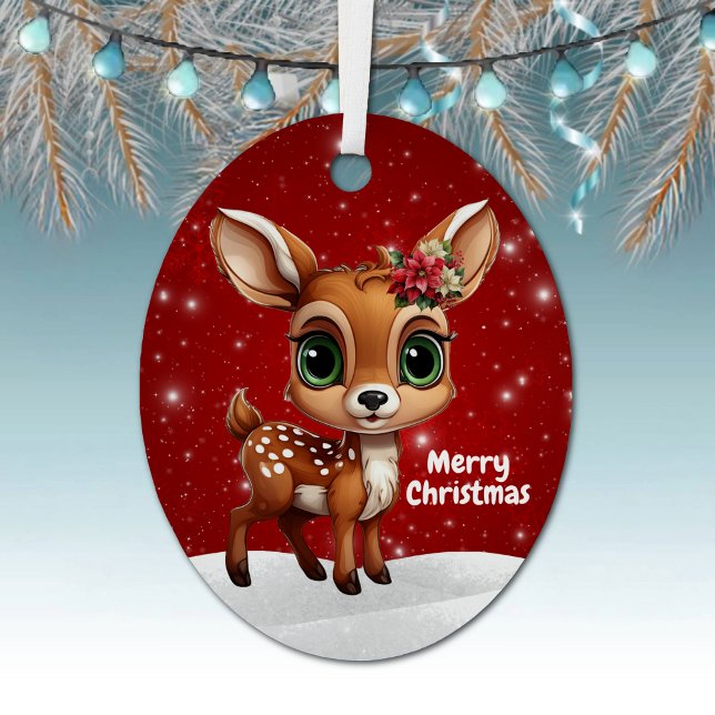 Whimsical Baby Deer Snowy Christmas Berry Red 🎄🦌 Metal Tree Decoration (whimsical baby deer snowy christmas ornament berry red sparkling festive editable tag for present🦌)