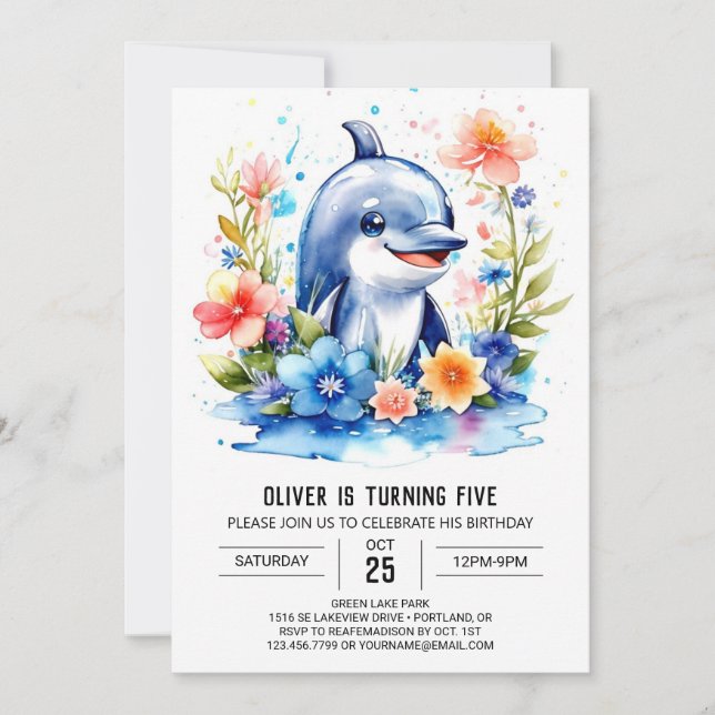 Whimsical Baby Dolphin Party Birthday Invitation (Front)