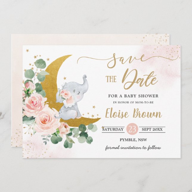 Whimsical Baby Elephant Crescent Moon Blush Floral Save The Date (Front/Back)