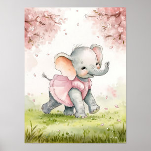 Whimsical Baby Elephant in Pink Dress Under Cherry Poster