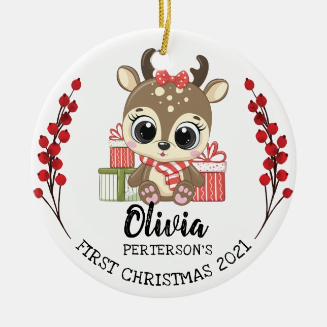 Whimsical Baby Moose Baby's 1st Christmas Ceramic Tree Decoration (Front)