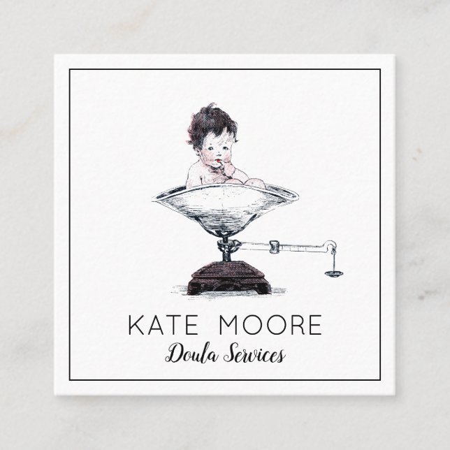 Whimsical Baby On Scale Midwife Or Doula Square Business Card (Front)
